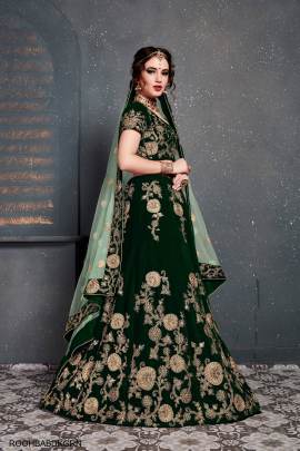 Dark Green Velvet Lehenga Choli From Roohbab by Zeel Clothing