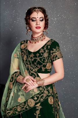 Dark Green Velvet Lehenga Choli From Roohbab by Zeel Clothing