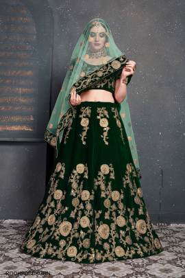 Dark Green Velvet Lehenga Choli From Roohbab by Zeel Clothing