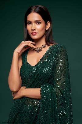 Deep Green Georgette Multiple Sequence Embroidery The Starlite Sarees Vol 1 By Zeel Clothing