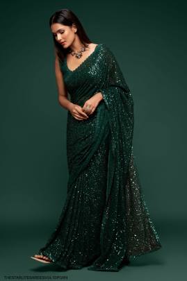 Deep Green Georgette Multiple Sequence Embroidery The Starlite Sarees Vol 1 By Zeel Clothing