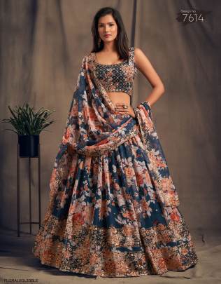 Dove Blue Organza Lehenga Choli From Floral Vol 2 by Zeel Clothing