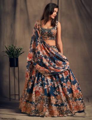 Dove Blue Organza Lehenga Choli From Floral Vol 2 by Zeel Clothing