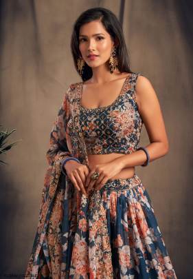 Dove Blue Organza Lehenga Choli From Floral Vol 2 by Zeel Clothing