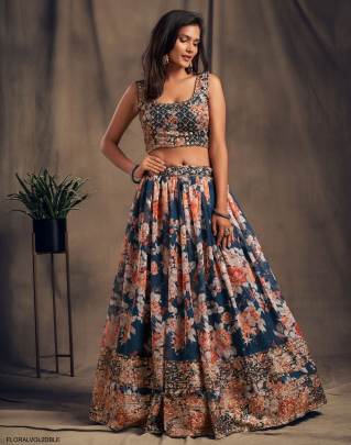 Dove Blue Organza Lehenga Choli From Floral Vol 2 by Zeel Clothing