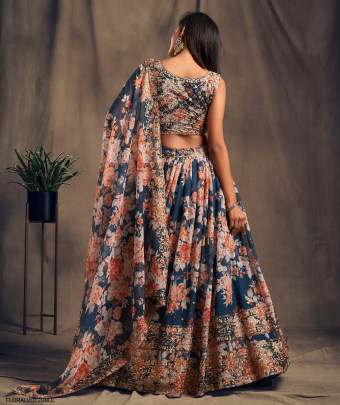 Dove Blue Organza Lehenga Choli From Floral Vol 2 by Zeel Clothing