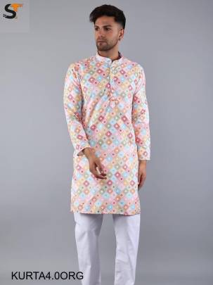 Festival Special Orange Print Kurta Pyjama For Men