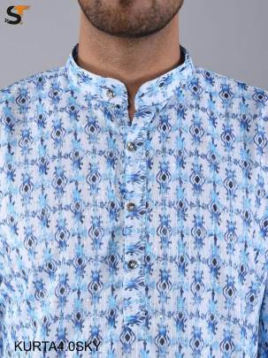 Festival Special Sky Blue Print Kurta Pyjama For Men