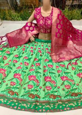 flower weaving desing Brocade  fabric Light green & Pink colour lehengha with inner , cancan & canvas