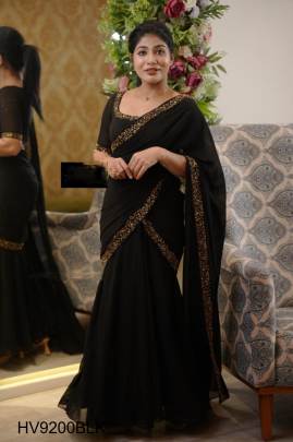 Georgette Embroidery Gown Saree in Black