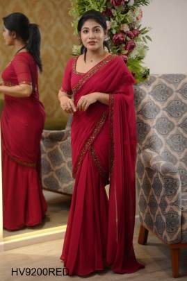 Georgette Embroidery Gown Saree in Red