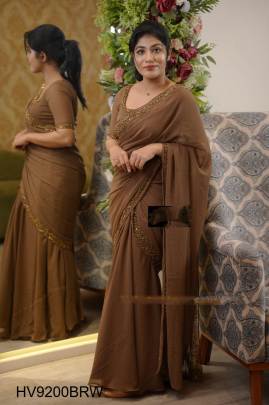 Georgette Embroidery Gown Saree in Brown