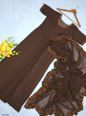 Georgette Embroidery Gown Saree in Brown