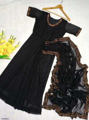 Georgette Embroidery Gown Saree in Black