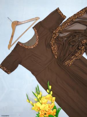 Georgette Embroidery Gown Saree in Brown