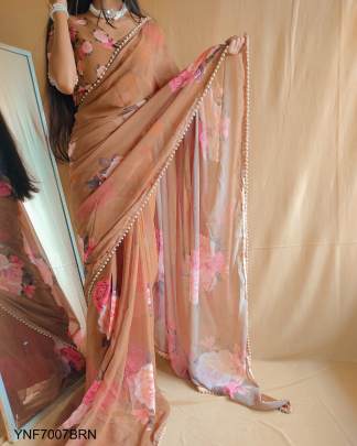 Georgette Printed Sari with Pearl Lace Border in Brown