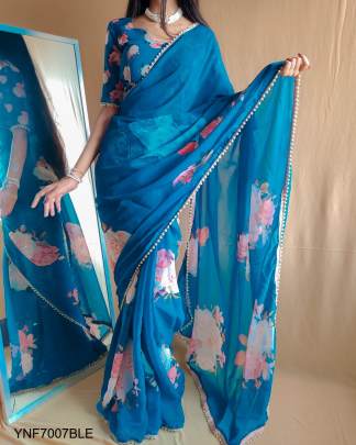 Georgette Printed Sari with Pearl Lace Border in Blue