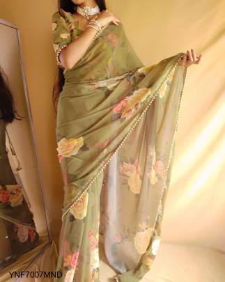 Georgette Printed Sari with Pearl Lace Border in Mehendi