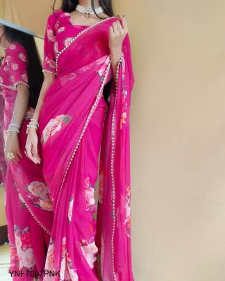 Georgette Printed Sari with Pearl Lace Border in Pink