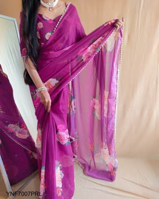 Georgette Printed Sari with Pearl Lace Border in Purple