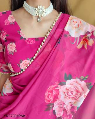 Georgette Printed Sari with Pearl Lace Border in Pink