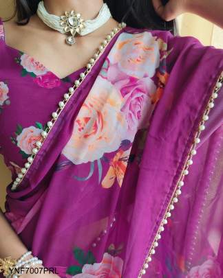 Georgette Printed Sari with Pearl Lace Border in Purple