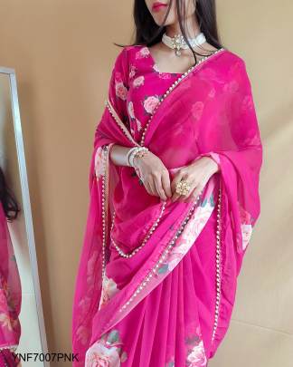 Georgette Printed Sari with Pearl Lace Border in Pink