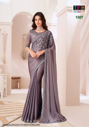  Golden Sparkle Sartin Saree in Light Grey