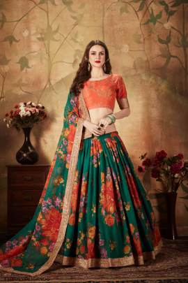 Green and Orange Organza Lehenga Choli From Floral Vol 1 by Zeel Clothing