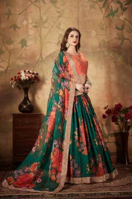 Green and Orange Organza Lehenga Choli From Floral Vol 1 by Zeel Clothing