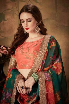 Green and Orange Organza Lehenga Choli From Floral Vol 1 by Zeel Clothing