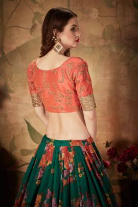 Green and Orange Organza Lehenga Choli From Floral Vol 1 by Zeel Clothing