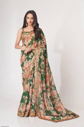 Green Organza Floral Sarees Vol 1 by Zeel Clothing