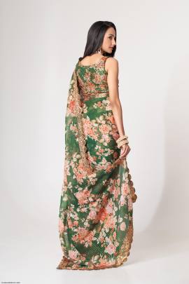 Green Organza Floral Sarees Vol 1 by Zeel Clothing