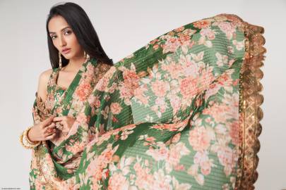 Green Organza Floral Sarees Vol 1 by Zeel Clothing