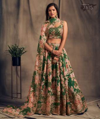 Green Organza Lehenga Choli From Floral Vol 2 by Zeel Clothing