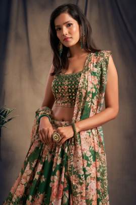 Green Organza Lehenga Choli From Floral Vol 2 by Zeel Clothing