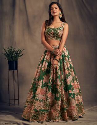 Green Organza Lehenga Choli From Floral Vol 2 by Zeel Clothing