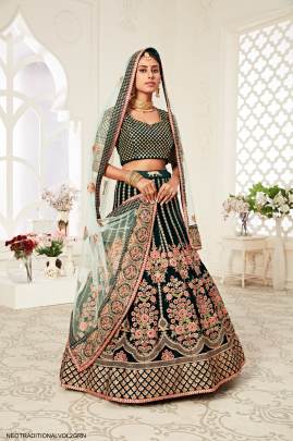 Green Velvet Diamond Work Lehenga Choli From Neo Traditional Vol 2 by Zeel Clothing