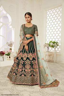 Green Velvet Diamond Work Lehenga Choli From Neo Traditional Vol 2 by Zeel Clothing