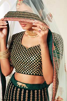 Green Velvet Diamond Work Lehenga Choli From Neo Traditional Vol 2 by Zeel Clothing