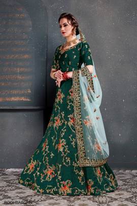 Green Taffeta Satin Silk Lehenga Choli From Roohbab by Zeel Clothing