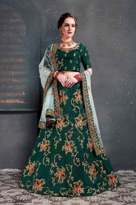 Green Taffeta Satin Silk Lehenga Choli From Roohbab by Zeel Clothing