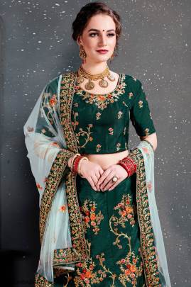 Green Taffeta Satin Silk Lehenga Choli From Roohbab by Zeel Clothing