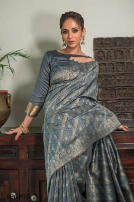 Grey Pure Tussar Silk Jamdani Weaving Saree