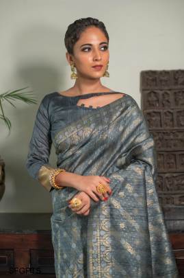 Grey Pure Tussar Silk Jamdani Weaving Saree