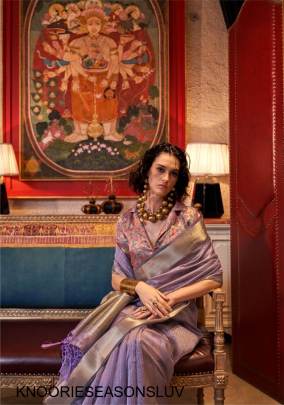 Handwoven Moss Chiffon Saree in Lavender