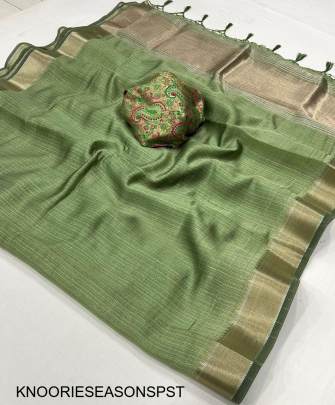 Handwoven Moss Chiffon Saree in Pista