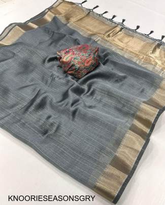 Handwoven Moss Chiffon Saree in Light Grey