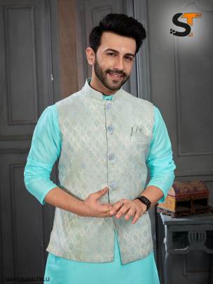 Heavy Banglori Silk Kurta Pyjama Koti Set in Light Blue